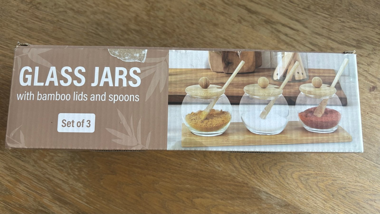 Glazen voorraadpotten met bamboe deksels en lepels - set van, Glas, Nieuw, Ophalen of Verzenden, Voorraadpot