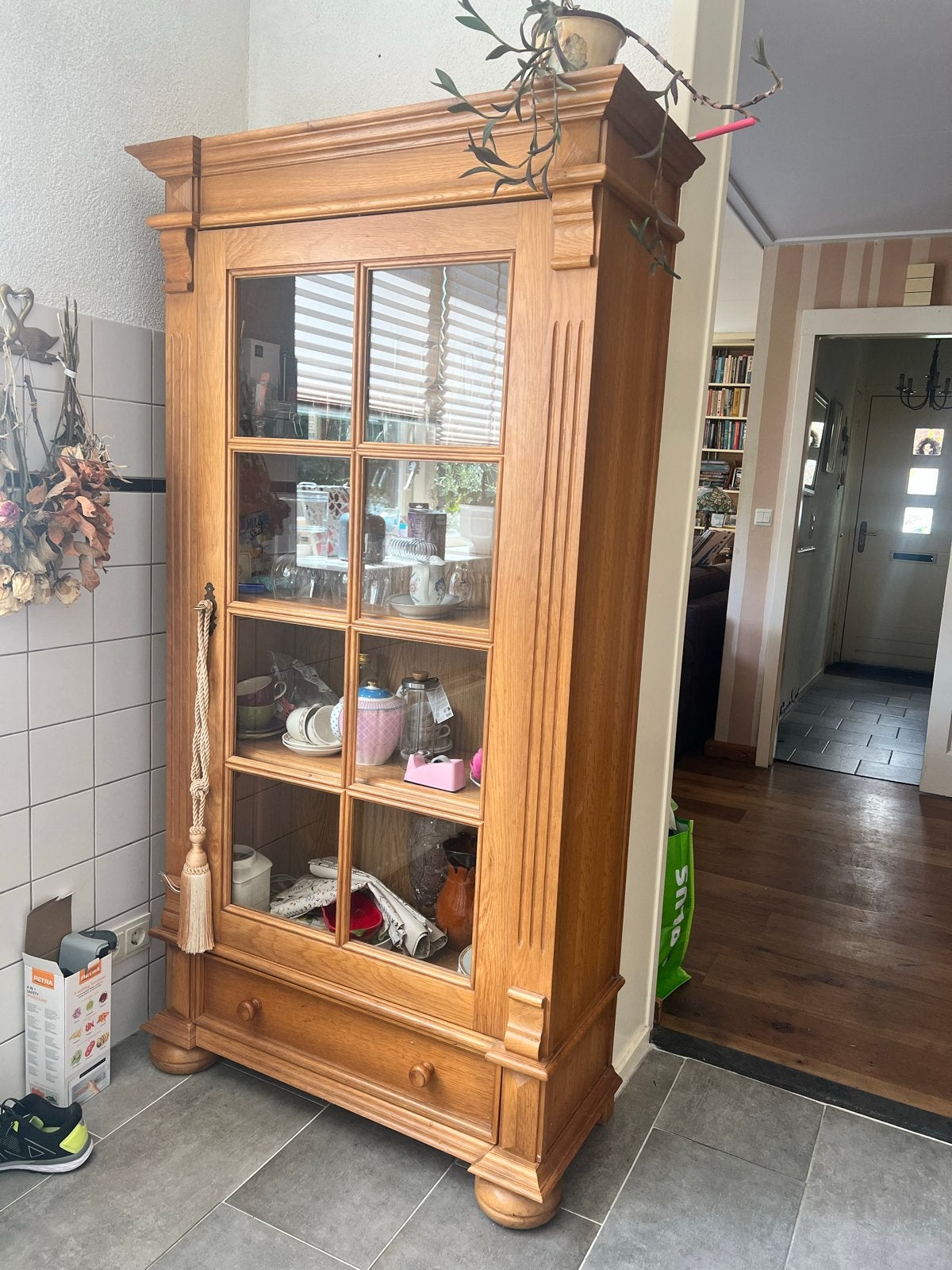 Kast Eiken - 90x186x41 cm - Met glas en lade, Ophalen, Gebruikt, 50 tot 100 cm, Met lade(s)