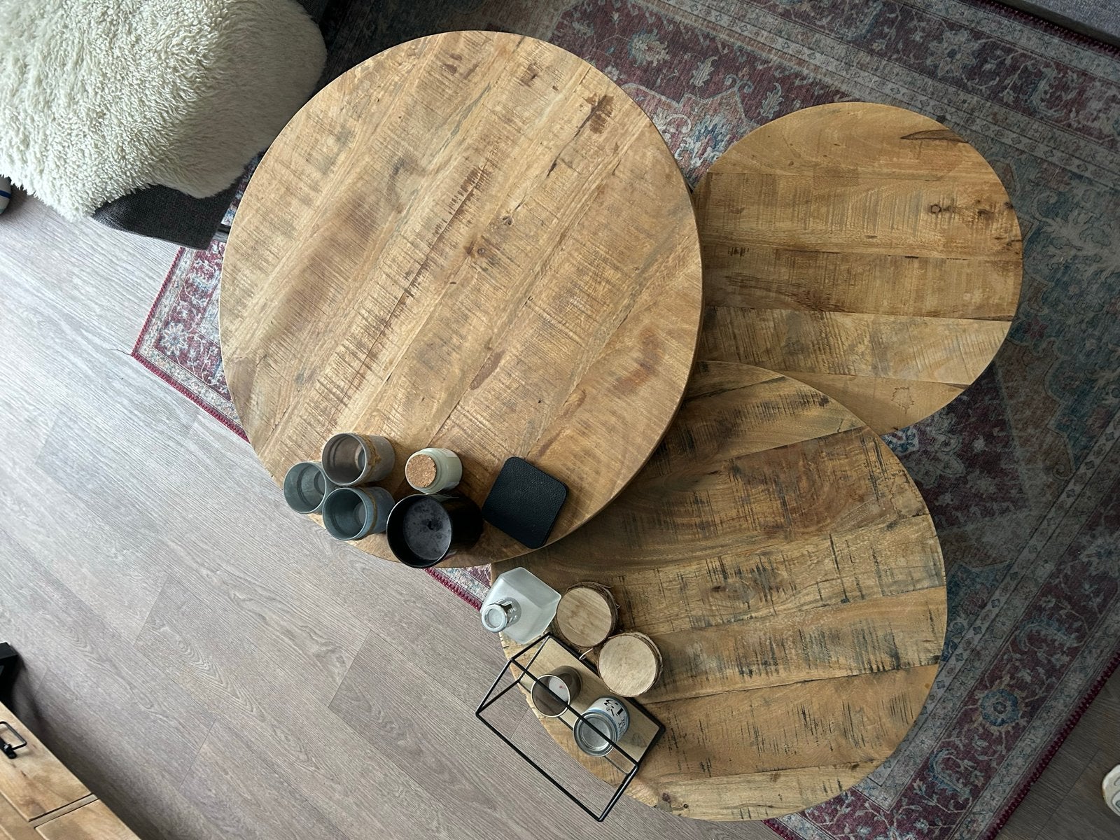 Set van 3 mango houten salontafels met metalen onderstel, Ophalen, Gebruikt, Rond, 50 tot 100 cm