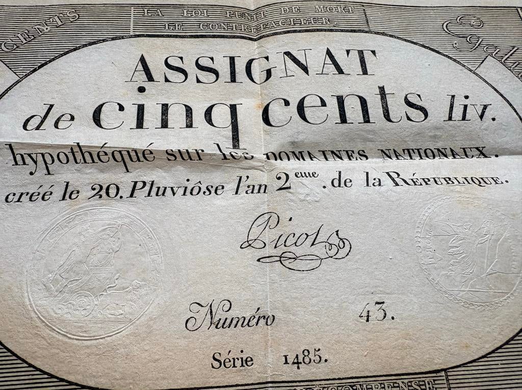 Frans assignaat 500 livres - Franse Revolutie, Ophalen of Verzenden, Frankrijk, Los biljet