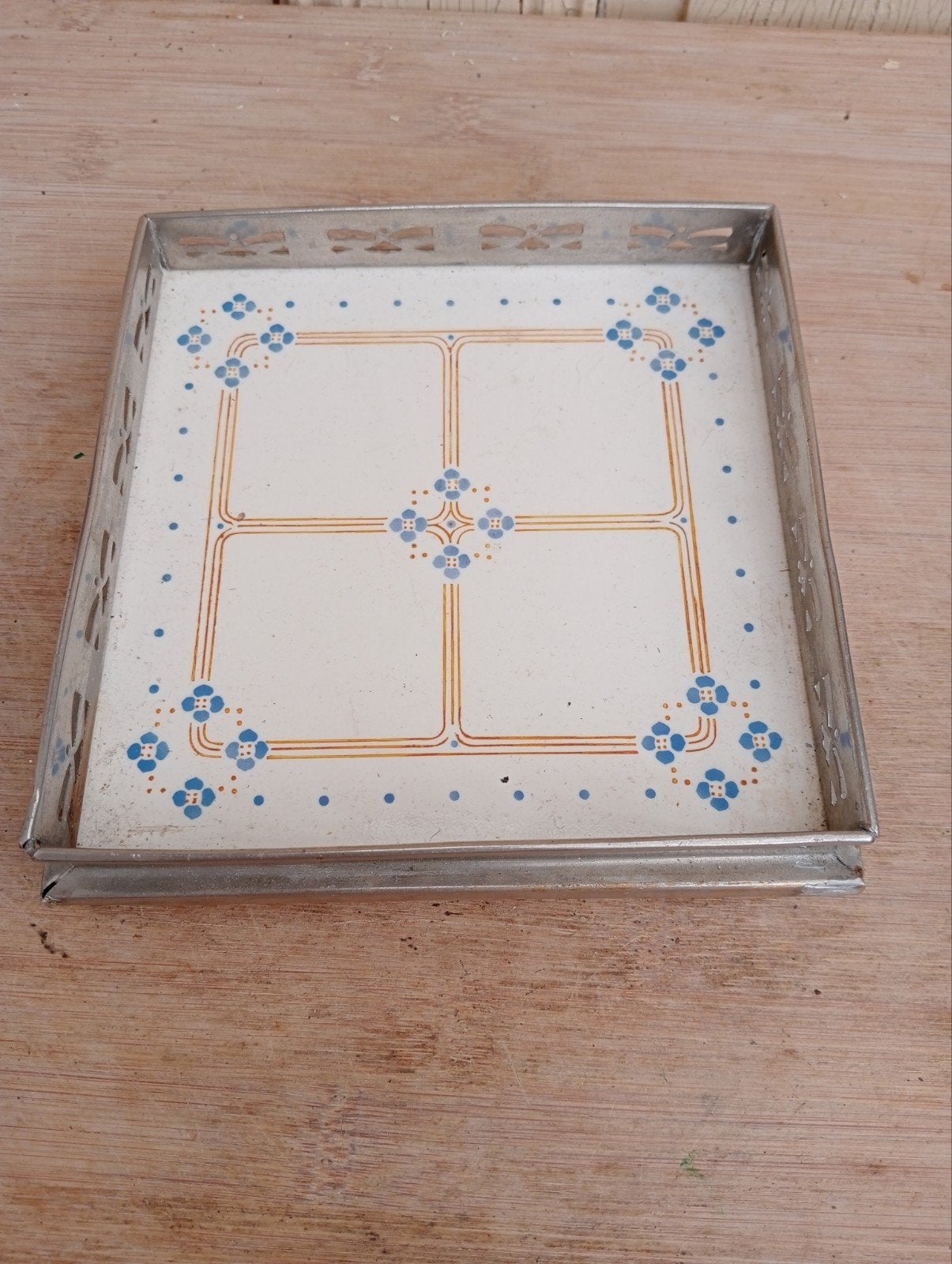 Vintage metal dienblad met blauw bloemenpatroon, Ophalen of Verzenden