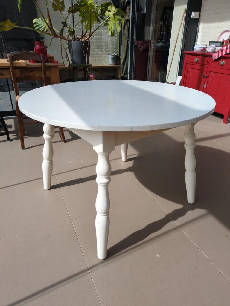 Ronde houten eettafel wit met 4 poten brocante, Ophalen, Gebruikt, Rond, 100 tot 150 cm