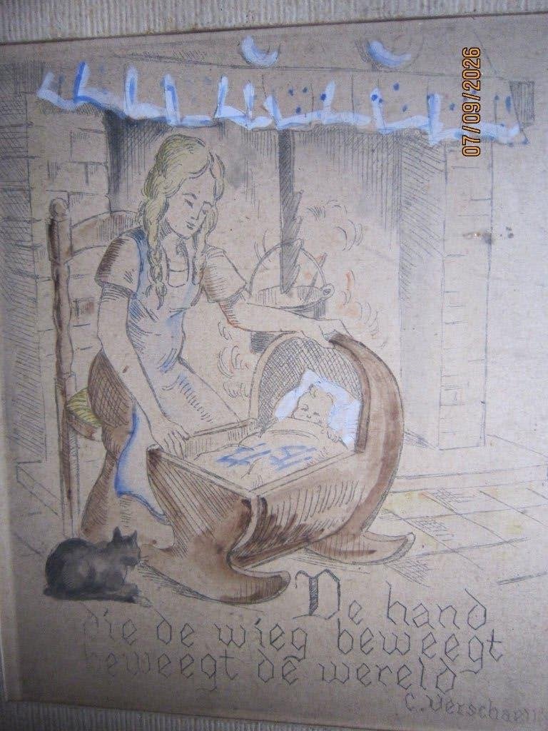 W.VERSCHAEVE, Byz ets vrouw bij wieg met byzondere  tekst, Antiek en Kunst, Ophalen, Dagelijks leven, Ets