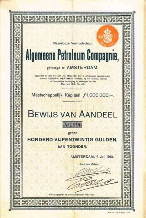 algemene petroleum compagnie, Postzegels en Munten, Aandelen en Waardepapieren, Ophalen of Verzenden, 1920 tot 1950, Aandeel