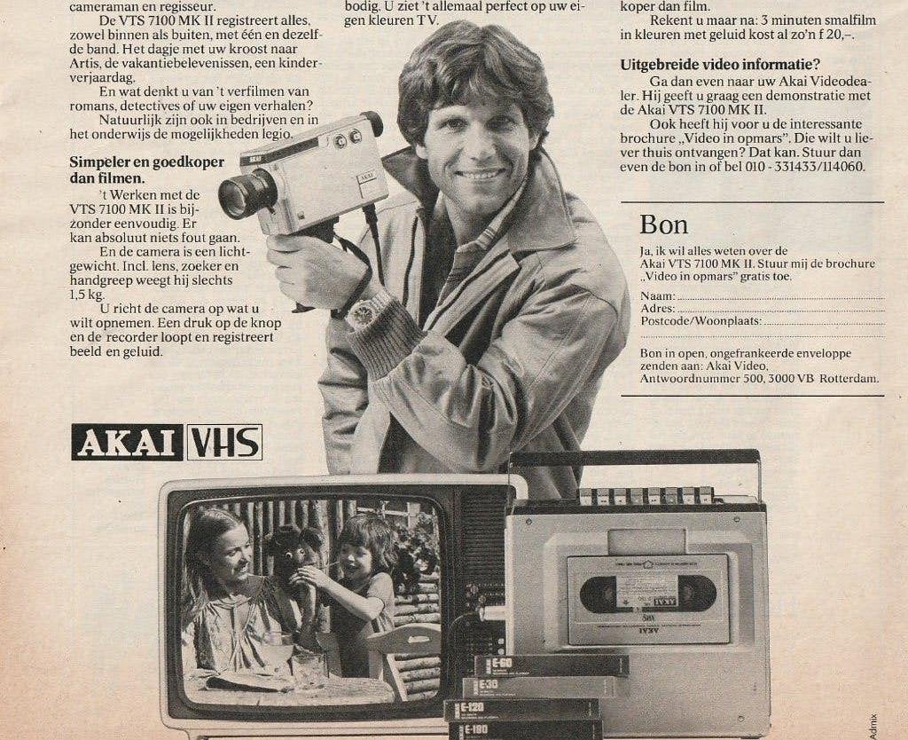 Retro reclame 1980 Akai VHS VTS 7100 MK II filmen, Verzenden, Overige typen
