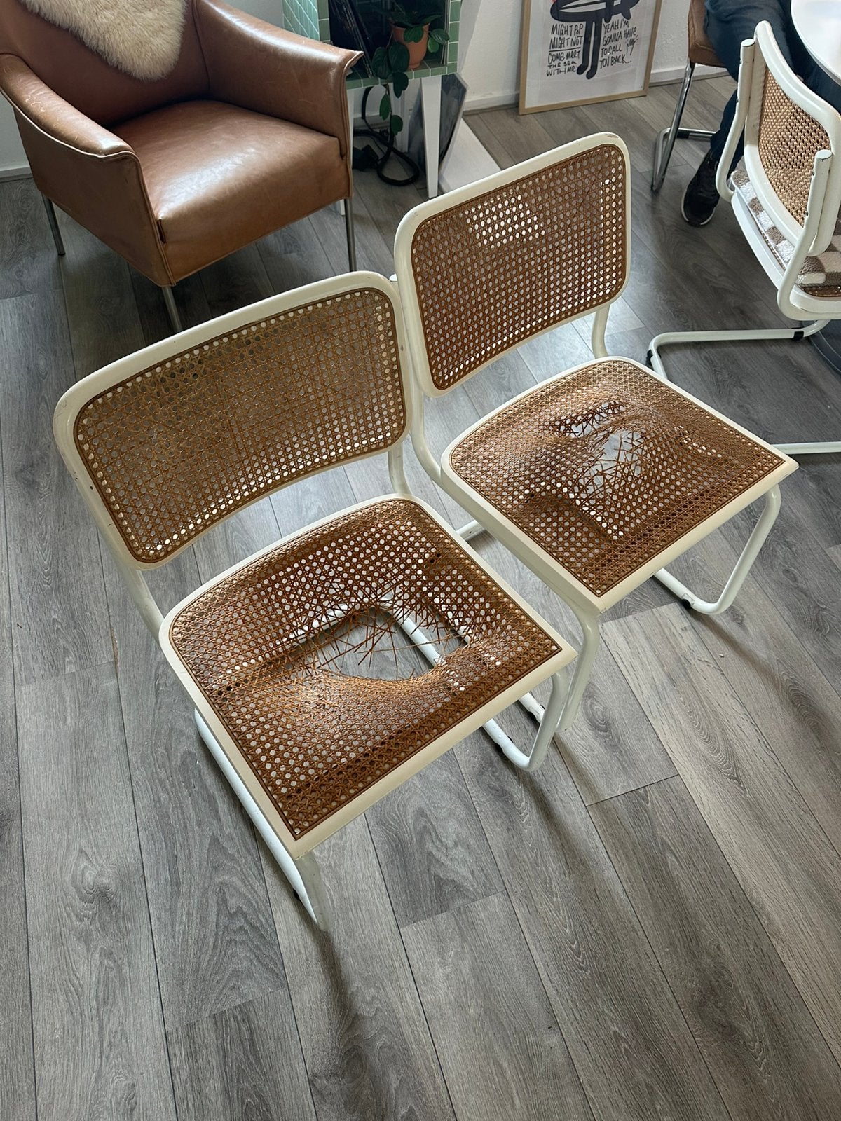 Vintage buisframe stoelen met webbing rotan. Thonet stijl., Ophalen of Verzenden