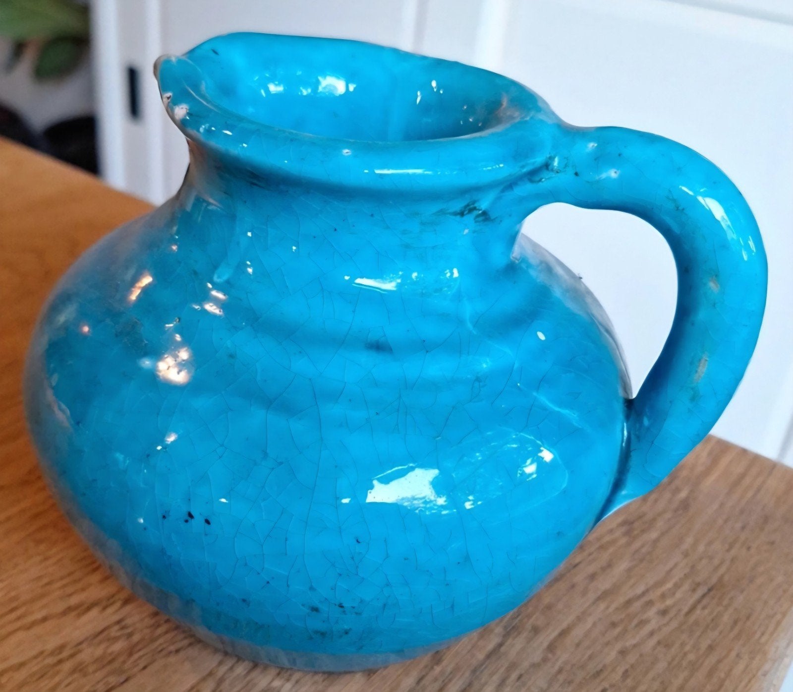 Vintage turquoise aardewerken kruikje/vaasje, Antiek en Kunst, Ophalen of Verzenden