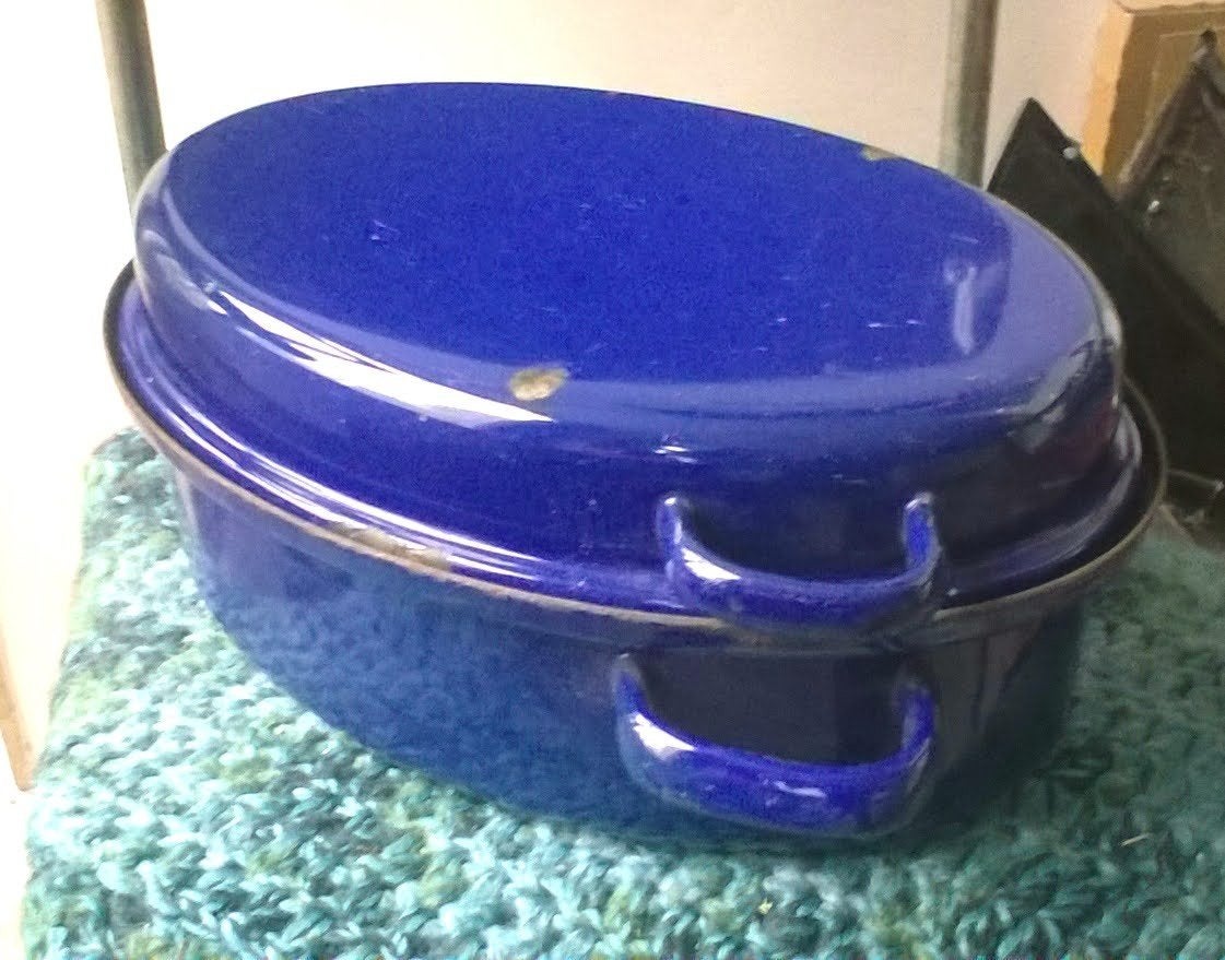 Vintage blauwe emaille braadslede, Antiek en Kunst, Antiek | Emaille, Ophalen