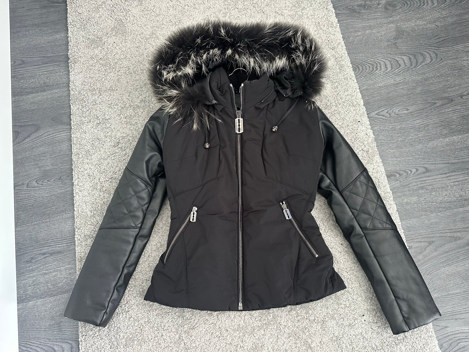 Philipp Plein-achtige winterjas met echte bontkraag - Maat s, Ophalen of Verzenden, Gedragen, Maat 36 (S), Zwart