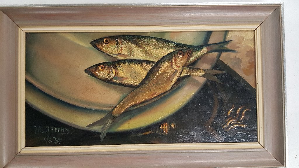 Stilleven met vissen van J.A. van Steenis, Antiek en Kunst, Kunst | Schilderijen | Klassiek, Ophalen of Verzenden, Stilleven
