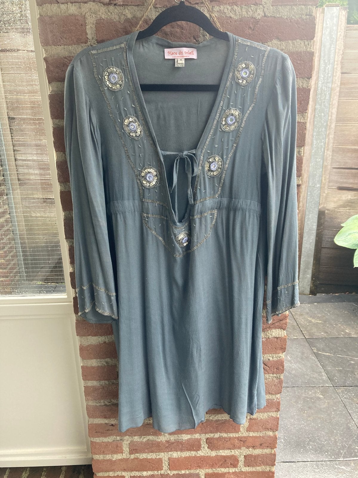 BOHO Tuniek/jurk Petrol met V-hals en borduursels - Maat M, Maat 38/40 (M), Blauw, Ophalen of Verzenden, Gedragen