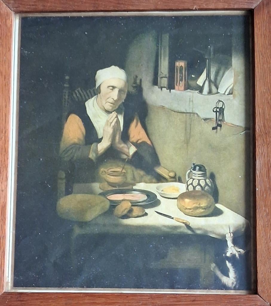 Chromolithografie. Oude dame in gebed. Ca 1930. 24/28 cm., Ophalen, 28 cm, Meerkleurig, Papier/karton