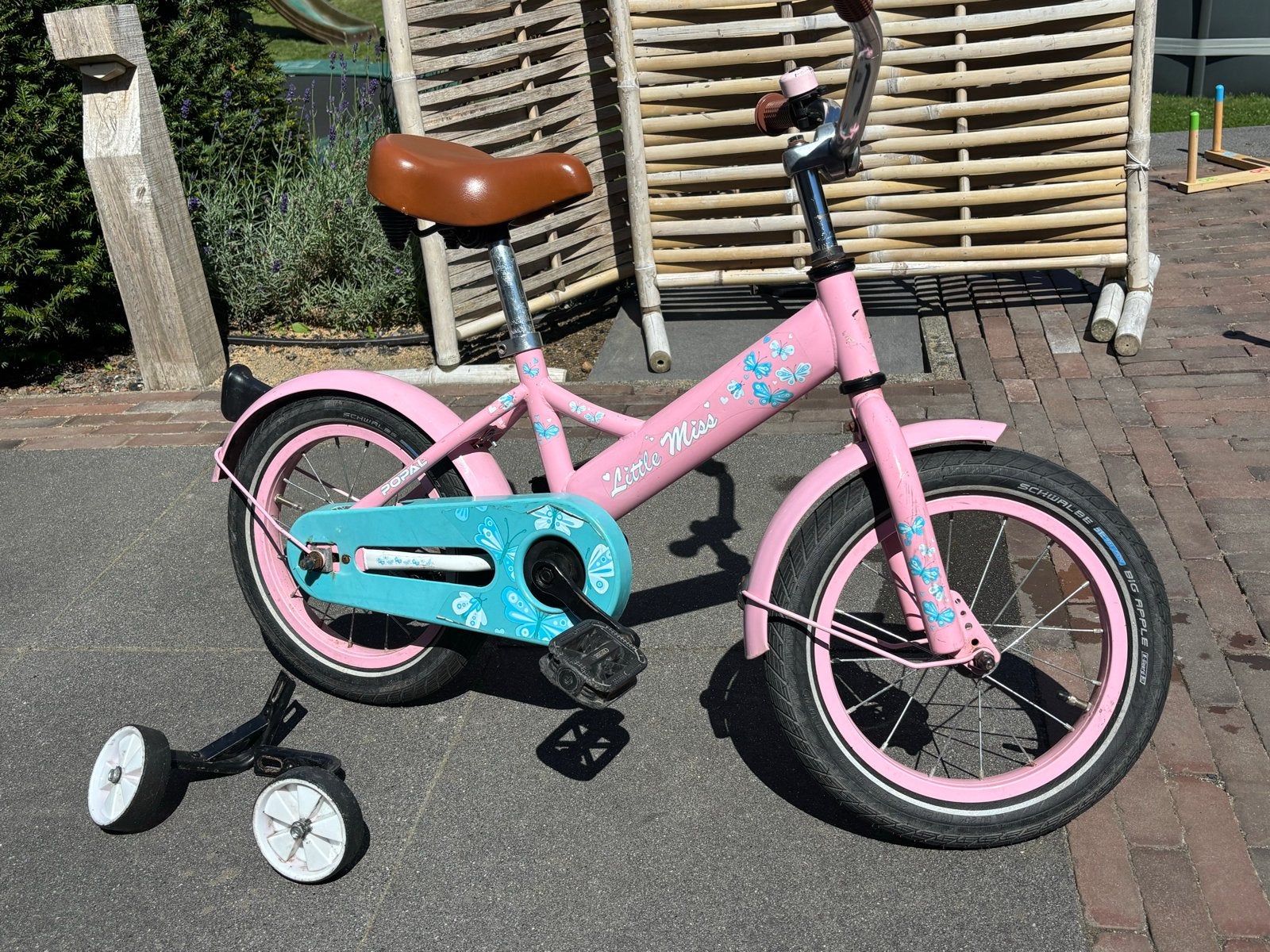 Roze kinderfiets Little Miss met zijwieltjes, Ophalen, Terugtraprem, Zijwieltjes, 16 tot 20 inch