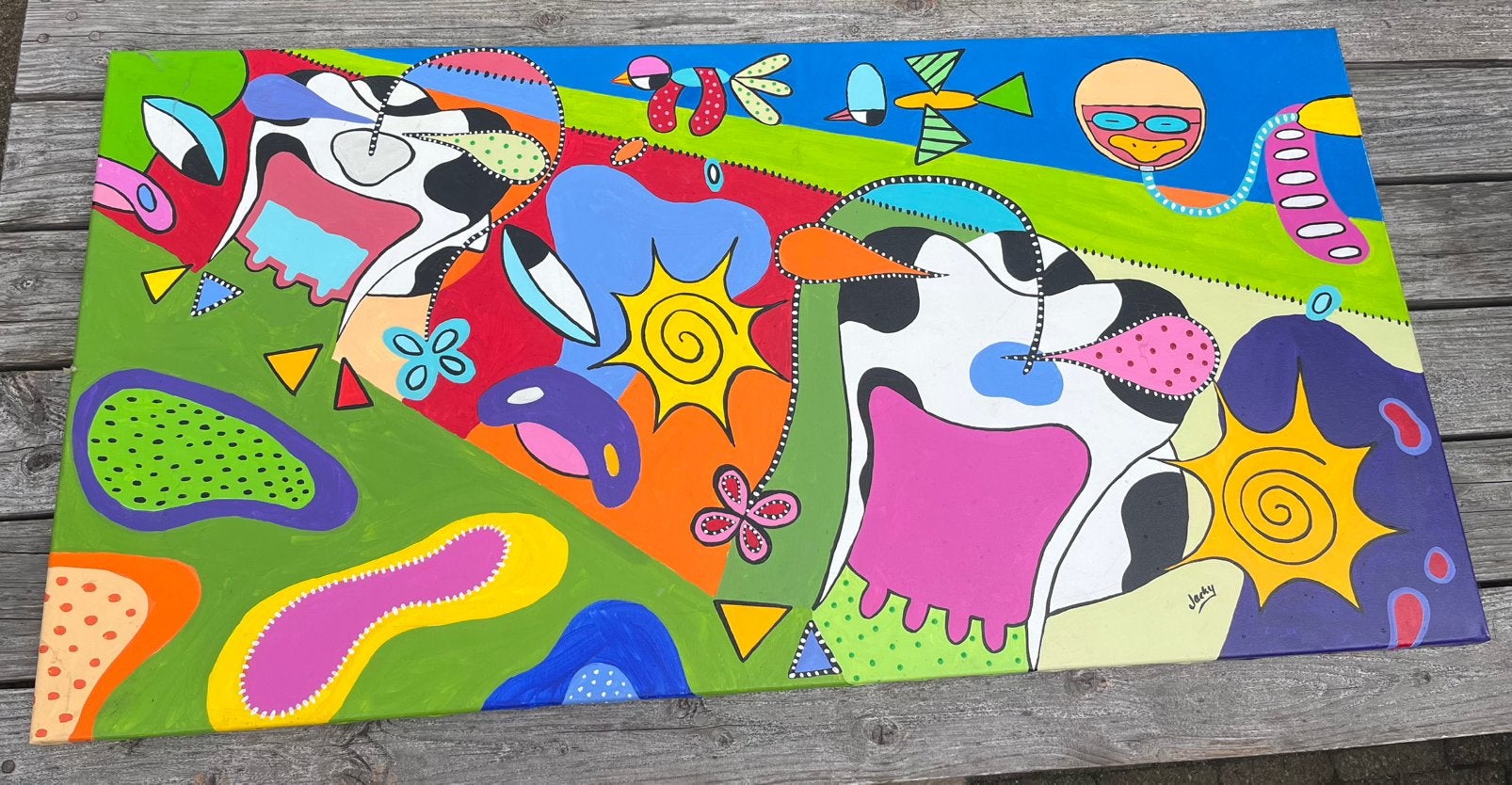 Kleurrijk schilderij met koeien 70x140, Antiek en Kunst, Kunst | Schilderijen | Modern, Ophalen