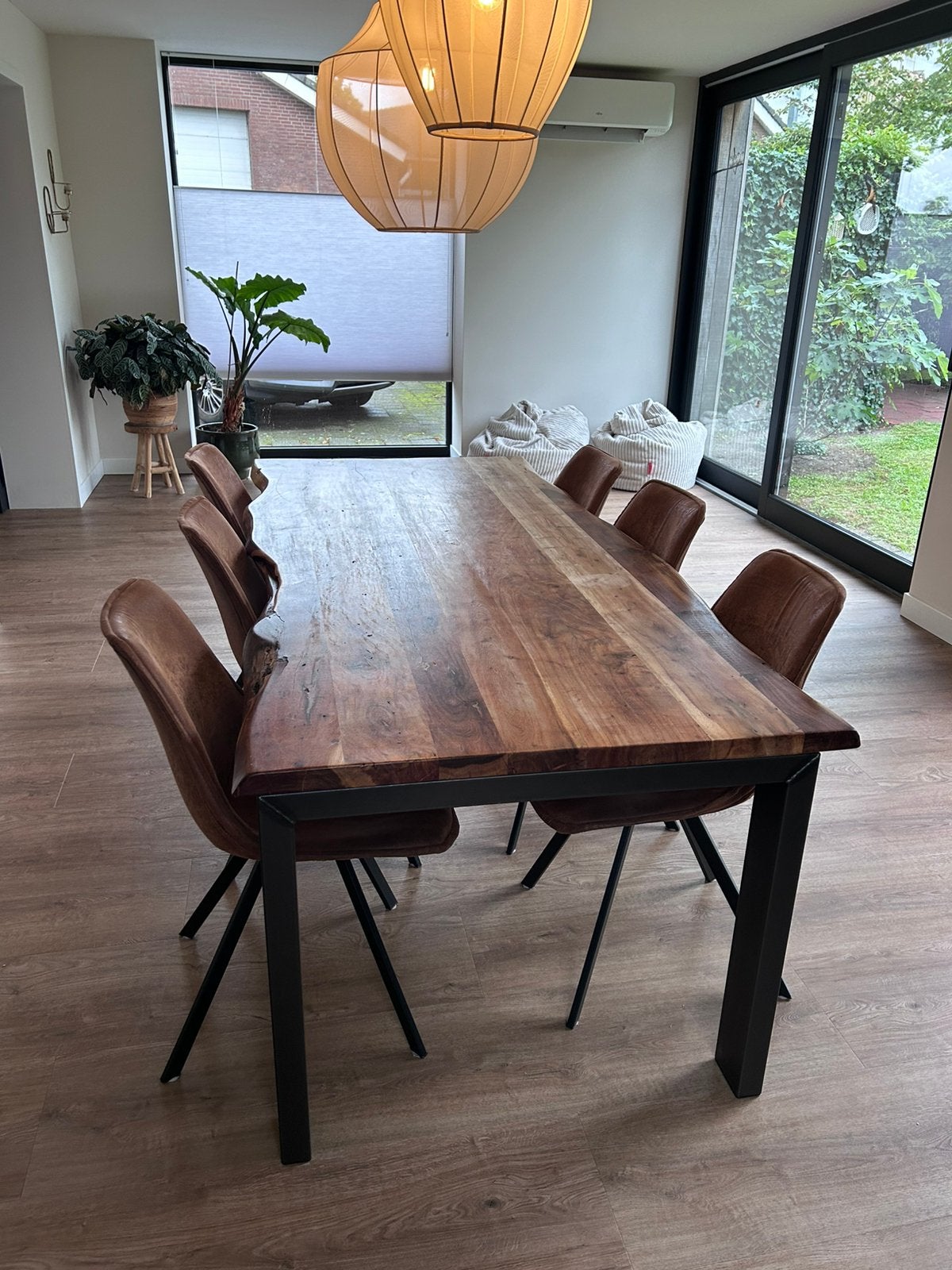 Eettafel hout met antraciet stalen poten (215x100), Ophalen, Gebruikt, 200 cm of meer, Vijf personen of meer