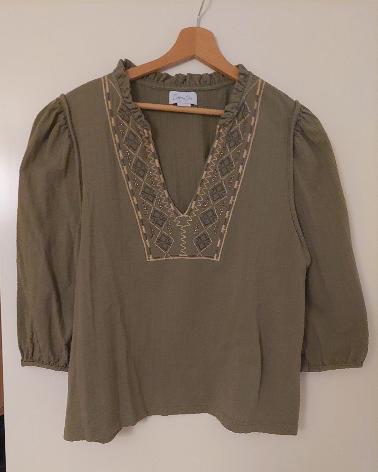 Mooie khaki kleurige blouse Cotton Club xl, Maat 46/48 (XL) of groter, Ophalen of Verzenden, Zo goed als nieuw, Korte mouw