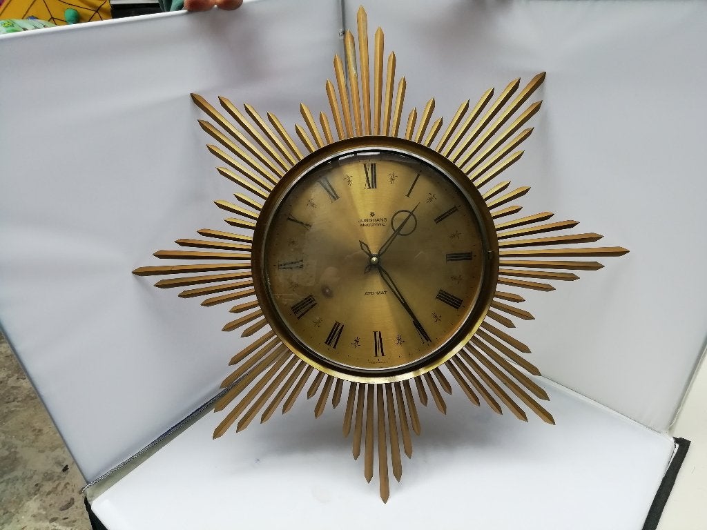 Vintage Junghans Sunburst Ato-Mat wandklok uit de jaren '60, Goud, Vintage, Analoog, Werkt op batterijen