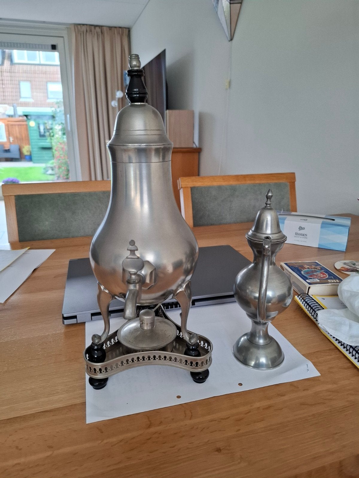Tinnen kraantjeskan met spiritus brander extra waterkan., Antiek en Kunst, Ophalen