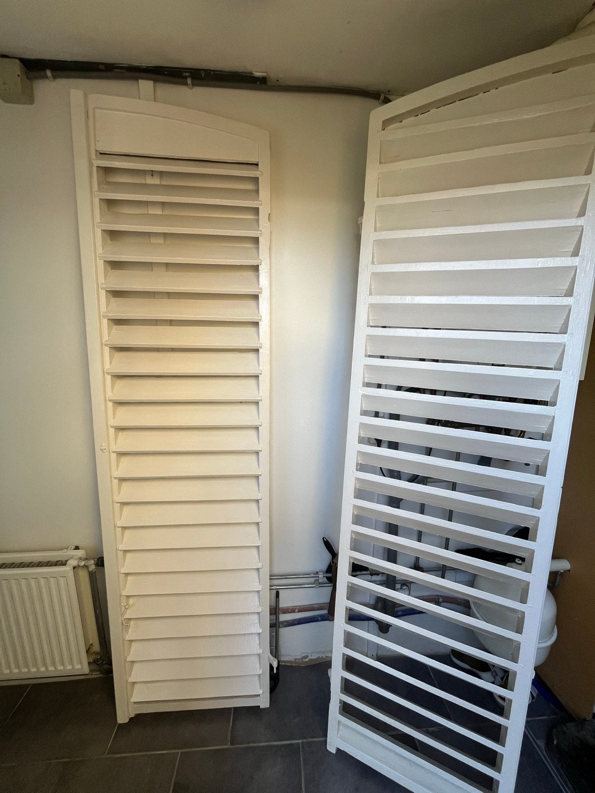 Witte houten jaloezieën / shutters (2 stuks), Ophalen, Gebruikt, 200 cm of meer, Minder dan 100 cm