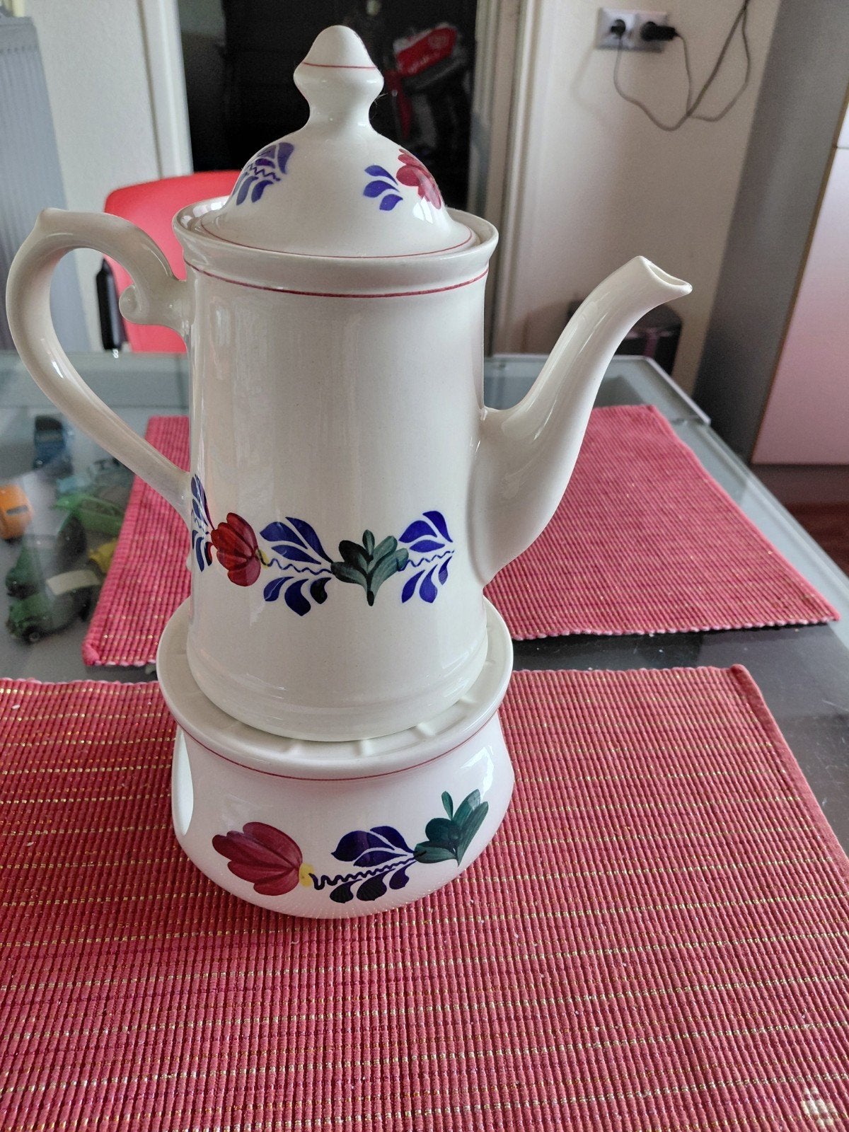 Boerenbont koffiepot met theelicht - compleet en netjes, Ophalen of Verzenden