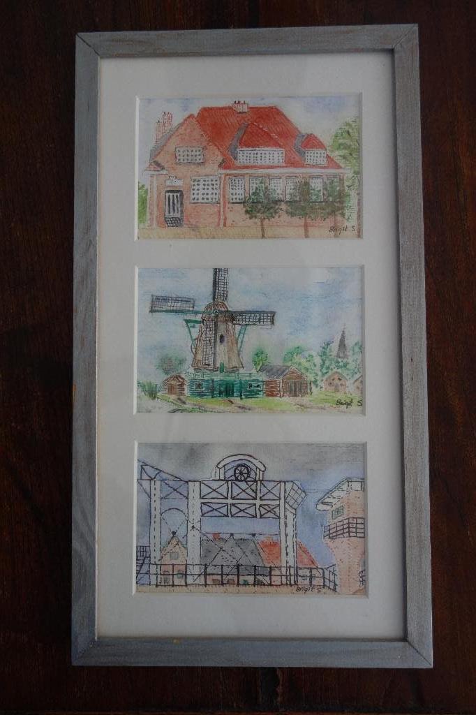Schilderij 3 tekeningen Bovenkarspel, Minder dan 50 cm, Ophalen of Verzenden, Zo goed als nieuw, Schilderij