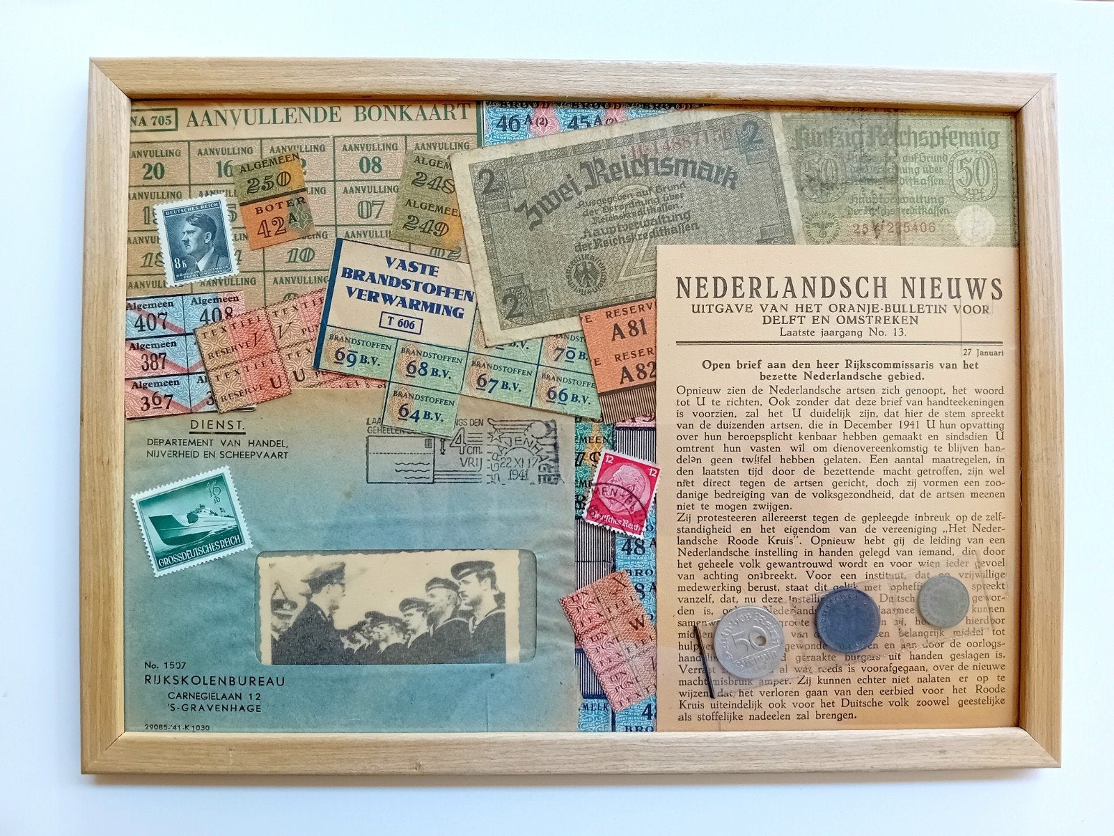 WO2 Ingelijst Bernhard, Marine, Verzetskrant, Reichsmark, Verzamelen, Ophalen of Verzenden, Marine, Nederland, Foto of Poster
