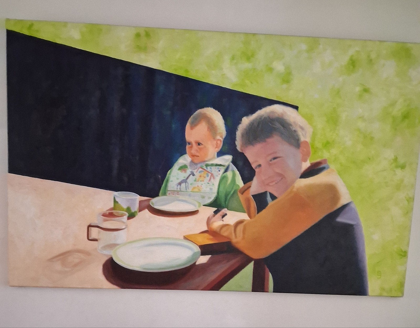 Olieverf Schilderij: Kinderen aan de ontbijttafel (120x75cm), Doek, Portret of Personen, Ophalen of Verzenden, Olieverf