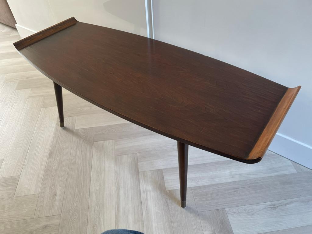 Midcentury salontafel, donker hout, elegante vorm, Ophalen, Gebruikt, 100 tot 150 cm, Teakhout