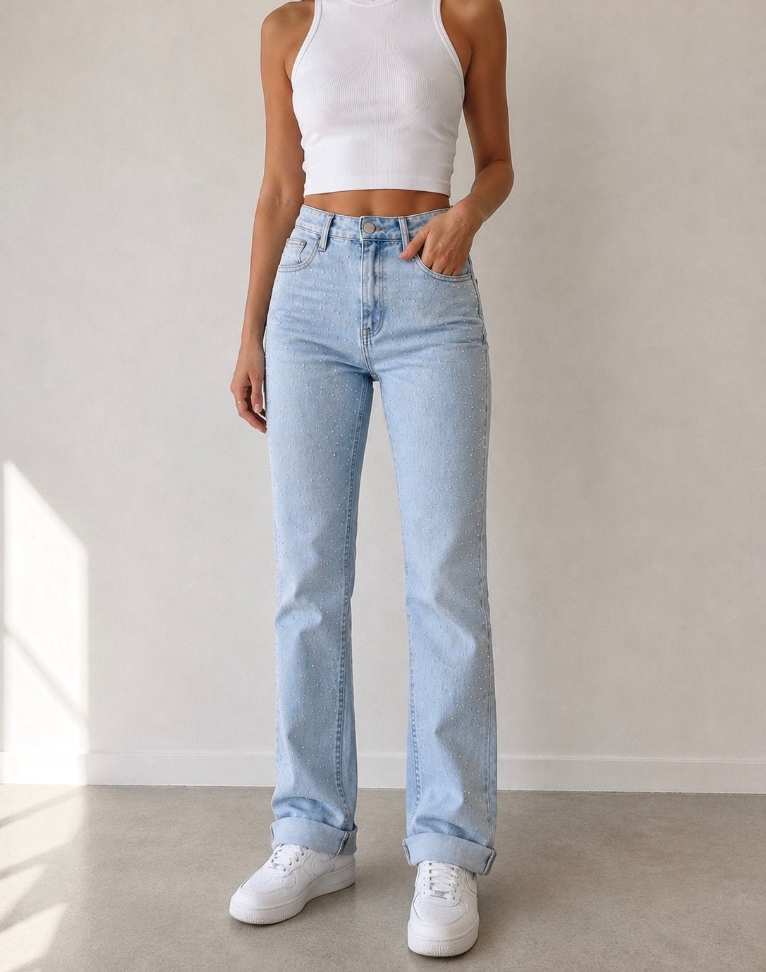 ZGAN New CVLTR jeans met strass steentjes, Kleding | Dames, Spijkerbroeken en Jeans, Ophalen of Verzenden, Zo goed als nieuw, Blauw
