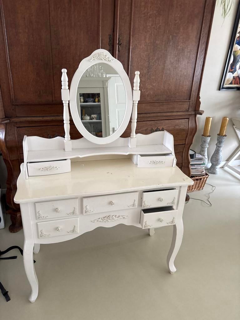 Witte kaptafel met spiegel en lades - Romantische stijl, Huis en Inrichting, Ophalen, Gebruikt, 100 tot 150 cm, 50 tot 100 cm