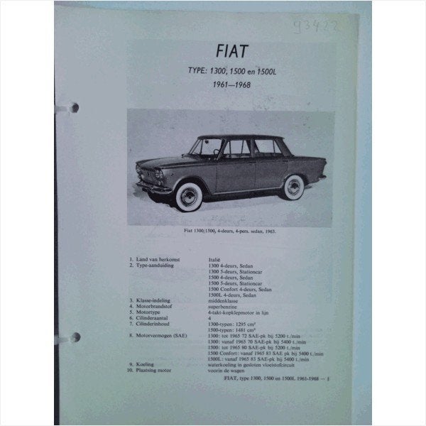 Fiat 1300 1500 1500 L Vraagbaak losbladig 1961-1968 #2 Neder, Ophalen of Verzenden, Gelezen, Overige merken
