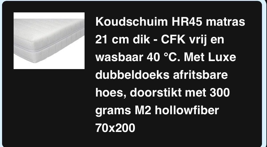 Koudschuim HR45 matras 70x200 - 21 cm dik, wasbaar, Ophalen, Zo goed als nieuw, Matras, 200 cm