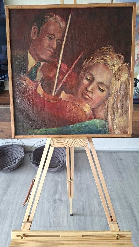 Kleurrijk Olieverf Schilderij: Man met Viool en Vrouw, Antiek en Kunst, Doek, Portret of Personen, Realistisch, Ophalen of Verzenden