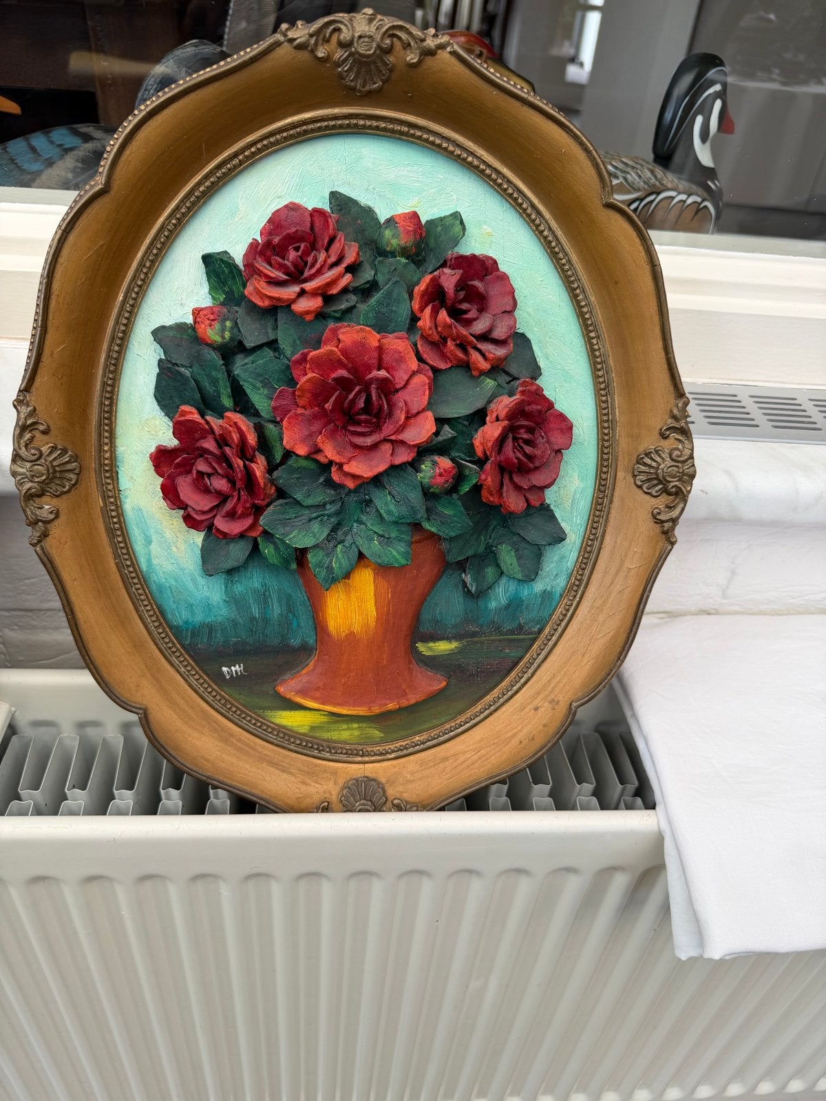 Vintage 3D Bloemen Schilderij - Ovale Lijst, Antiek en Kunst, Ophalen of Verzenden