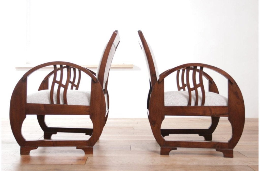 Two Art Deco Vintage French Wooden Armchairs 1930's, Huis en Inrichting, Fauteuils, Ophalen, Gebruikt, Minder dan 75 cm, Stof