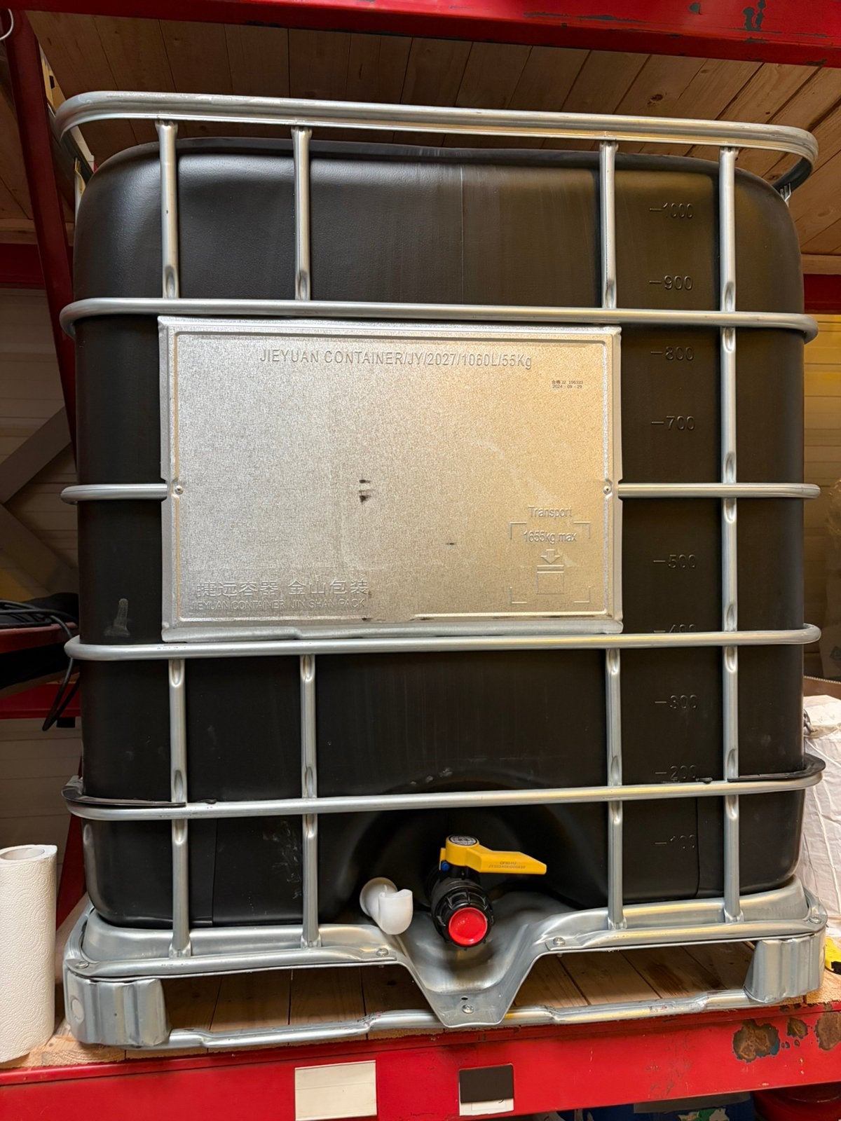Lege IBC container 1000 liter - 100 x 122 x 114 cm + kraan, Tuin en Terras, Regentonnen, 150 liter of meer, Ophalen, Zo goed als nieuw