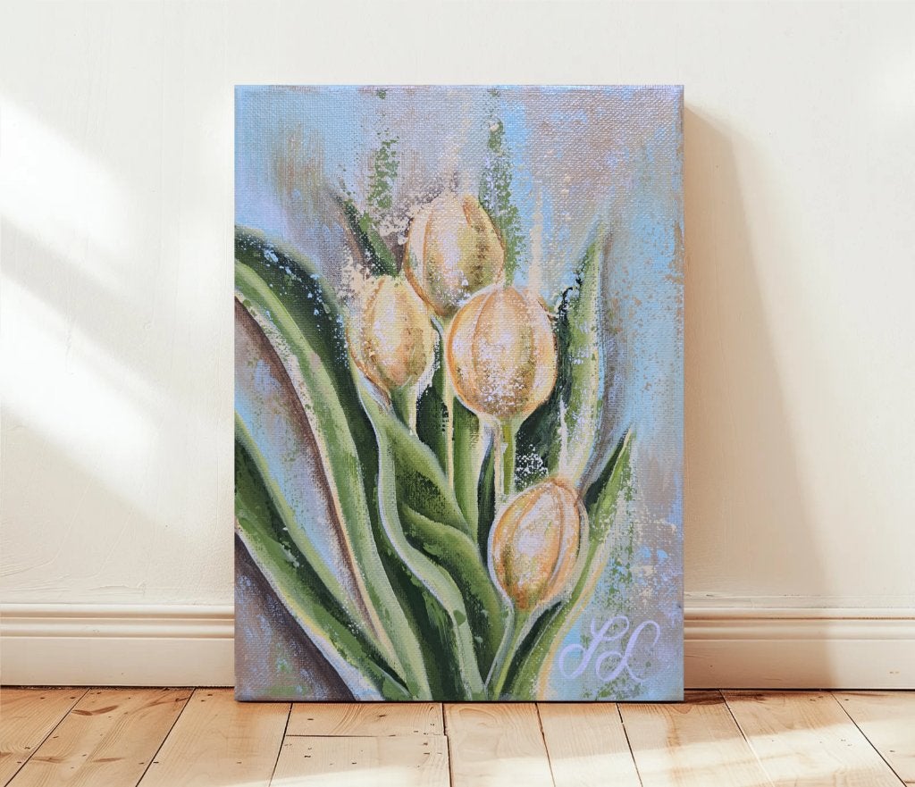 Handmade Acrylic Tulip Painting on Canvas. (18x24 cm), Bloemen, Expressionistisch, Aquarel, Gesigneerd