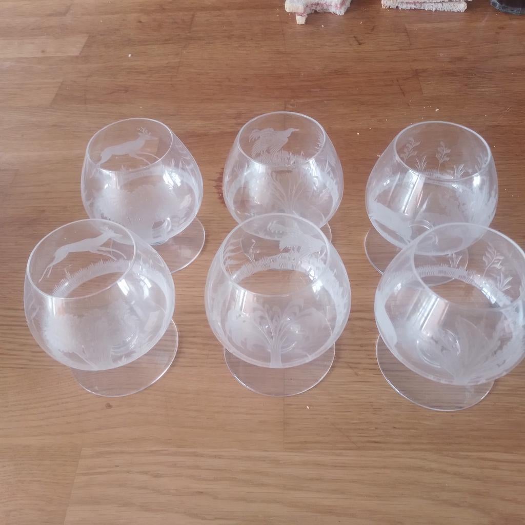 6 cognac glazen met graveringen, Antiek en Kunst, Antiek | Glas en Kristal, Ophalen of Verzenden