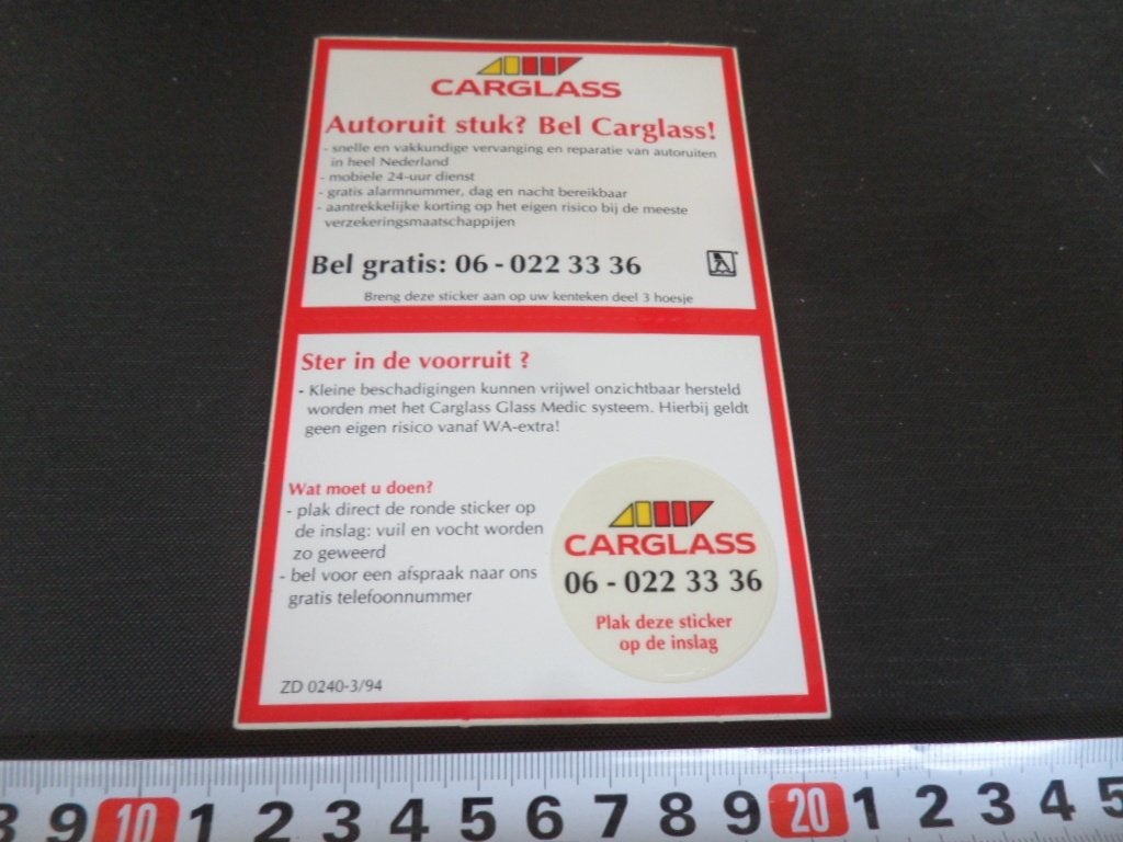sticker CARGLASS autoruit stuk  06-0223336 *, Verzamelen, Stickers, Ophalen, Zo goed als nieuw