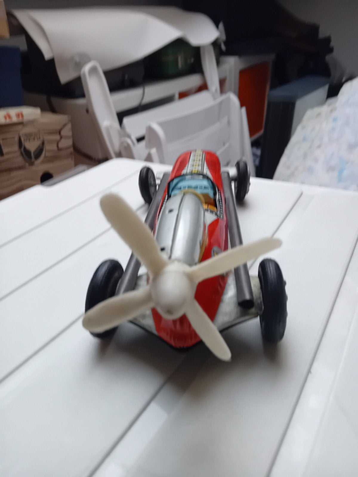 Vintage blikken propellor raceauto, rood met zilver, Ophalen of Verzenden, Gebruikt