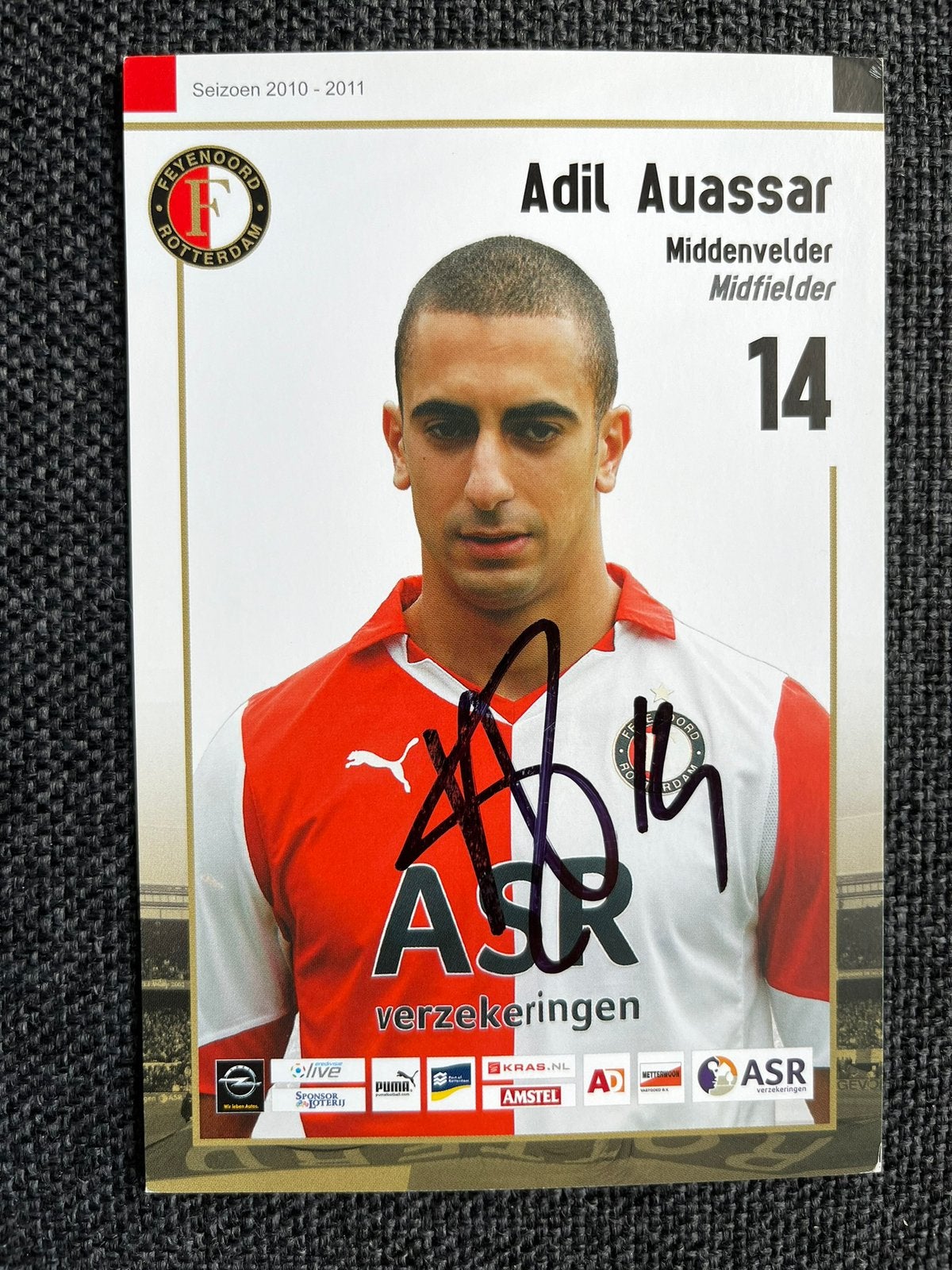 Feyenoord spelerskaart Auassar met handtekening, Verzamelen, Sportartikelen en Voetbal, Ophalen of Verzenden, Zo goed als nieuw