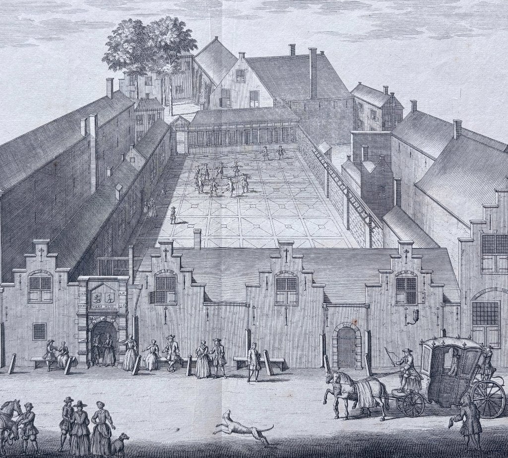 (ca. 1730) Wees-Huis, Den Haag - Reinier Boitet, Antiek en Kunst, Verzenden, Stadsgezicht, 29 cm, Gravure