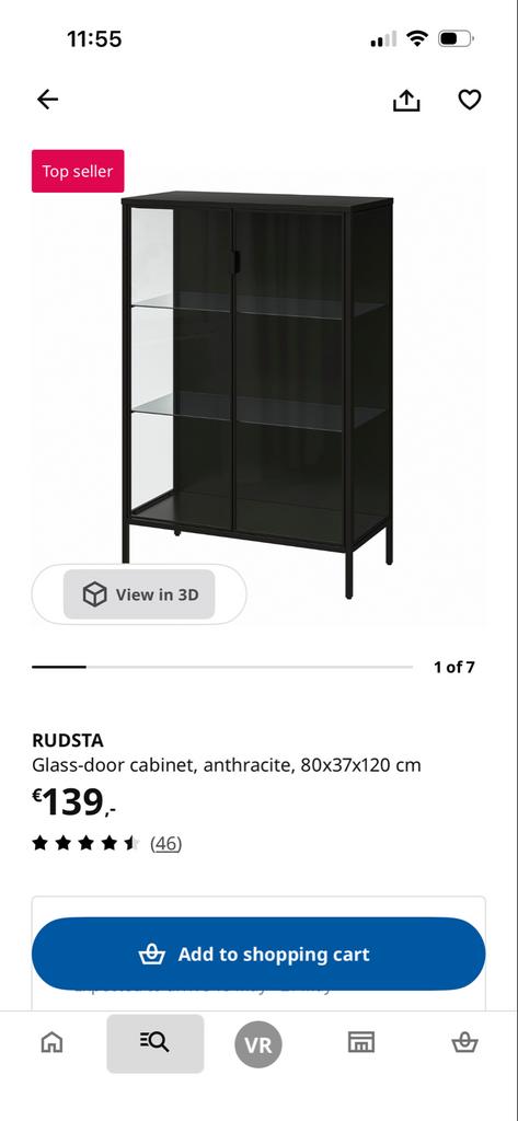 IKEA RUDSTA Vitrinekast Antraciet - Zo goed als nieuw, Ophalen, 100 tot 150 cm, 50 tot 100 cm, Zo goed als nieuw
