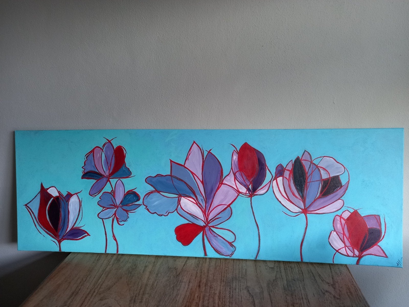 Modern schilderij bloemen, acryl op doek, gesigneerd, Ophalen, Acrylverf, Op houten frame, Bloemen
