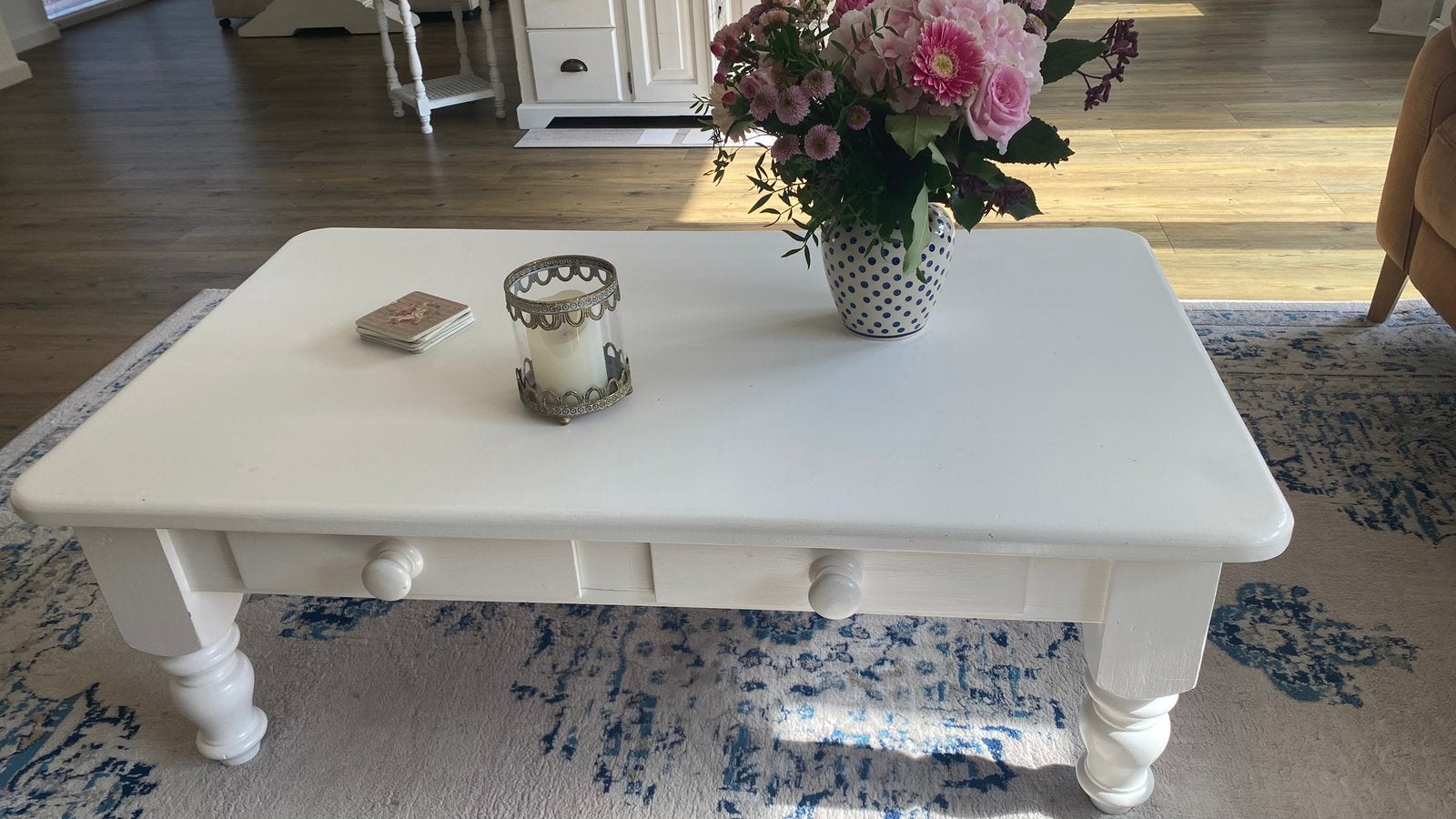 Brocante Witte grenen salontafel, Huis en Inrichting, Ophalen, Gebruikt, 50 tot 100 cm, Grenenhout