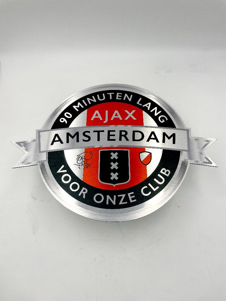 Reclamebord Embleem Ajax 90 minuten lang (zwart) aluminium, Ophalen of Verzenden, Nieuw, Gebruiksvoorwerp