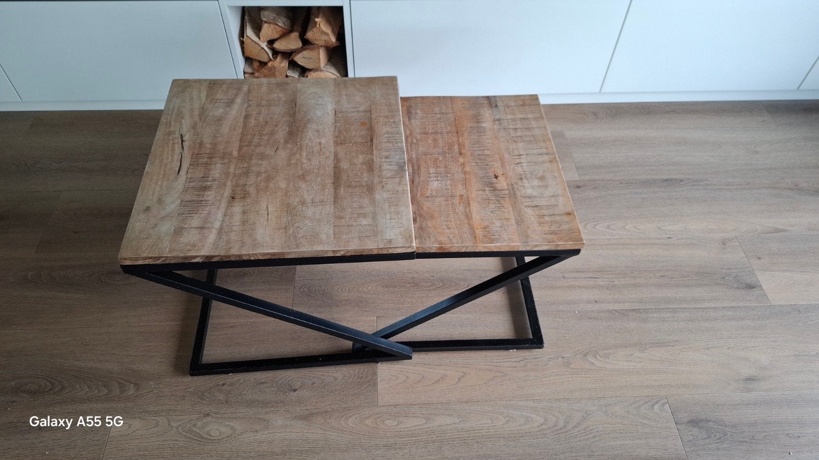 Set van 2 industriële salontafels, mangohout en metaal, 50 – 75, Minder dan 50 cm, Gebruikt, Vierkant