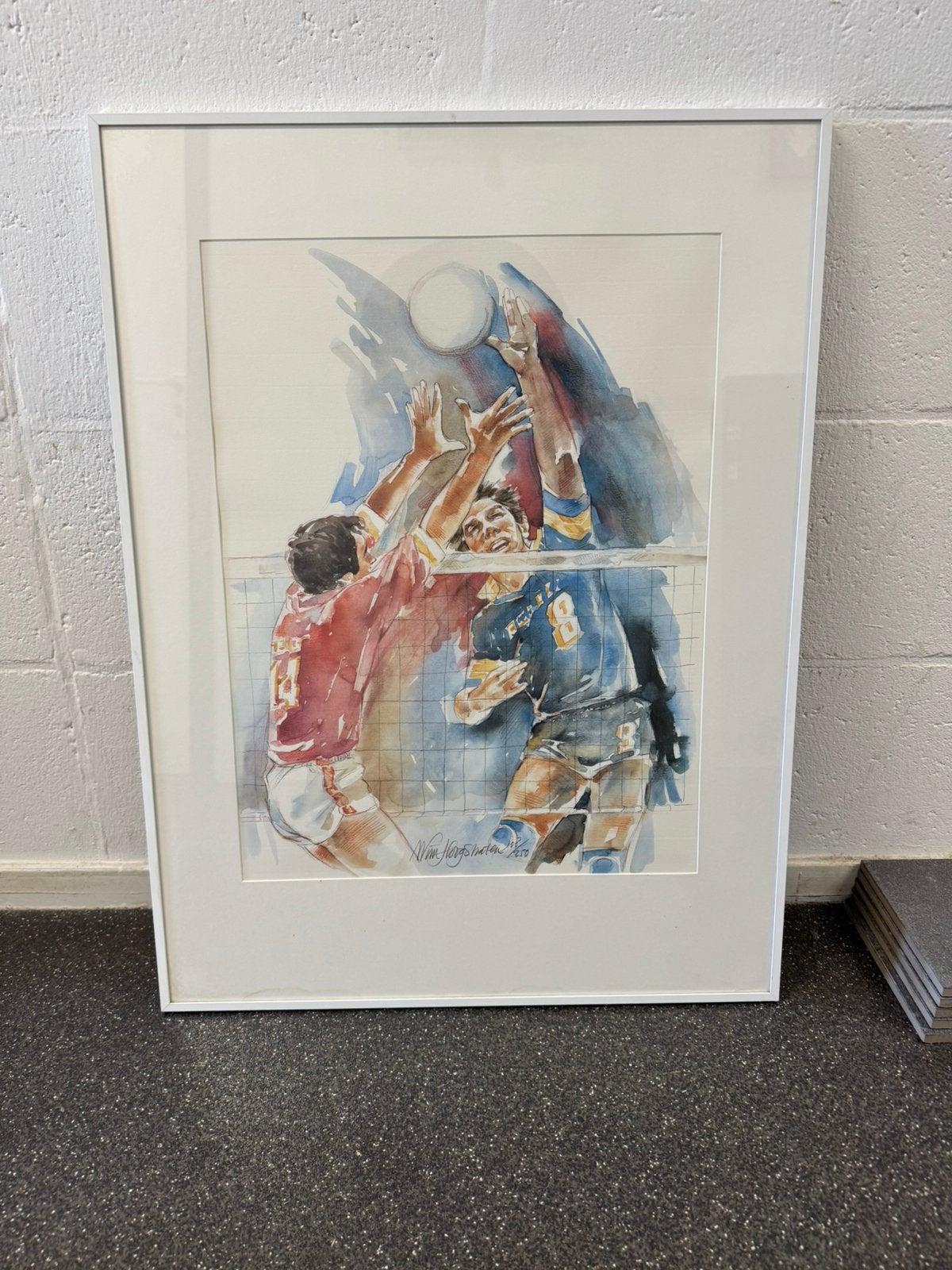 Wim Hoogstraten aquarel volleybal ingelijst 108/250, Ophalen of Verzenden