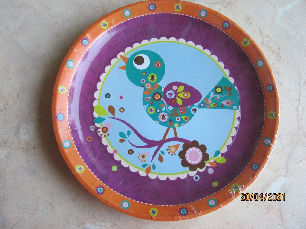 NIEUW papieren BORDJES feest hippe VOGEL 23 cm 10 x jaren 70, Ophalen of Verzenden, Nieuw, Versiering, Verjaardag