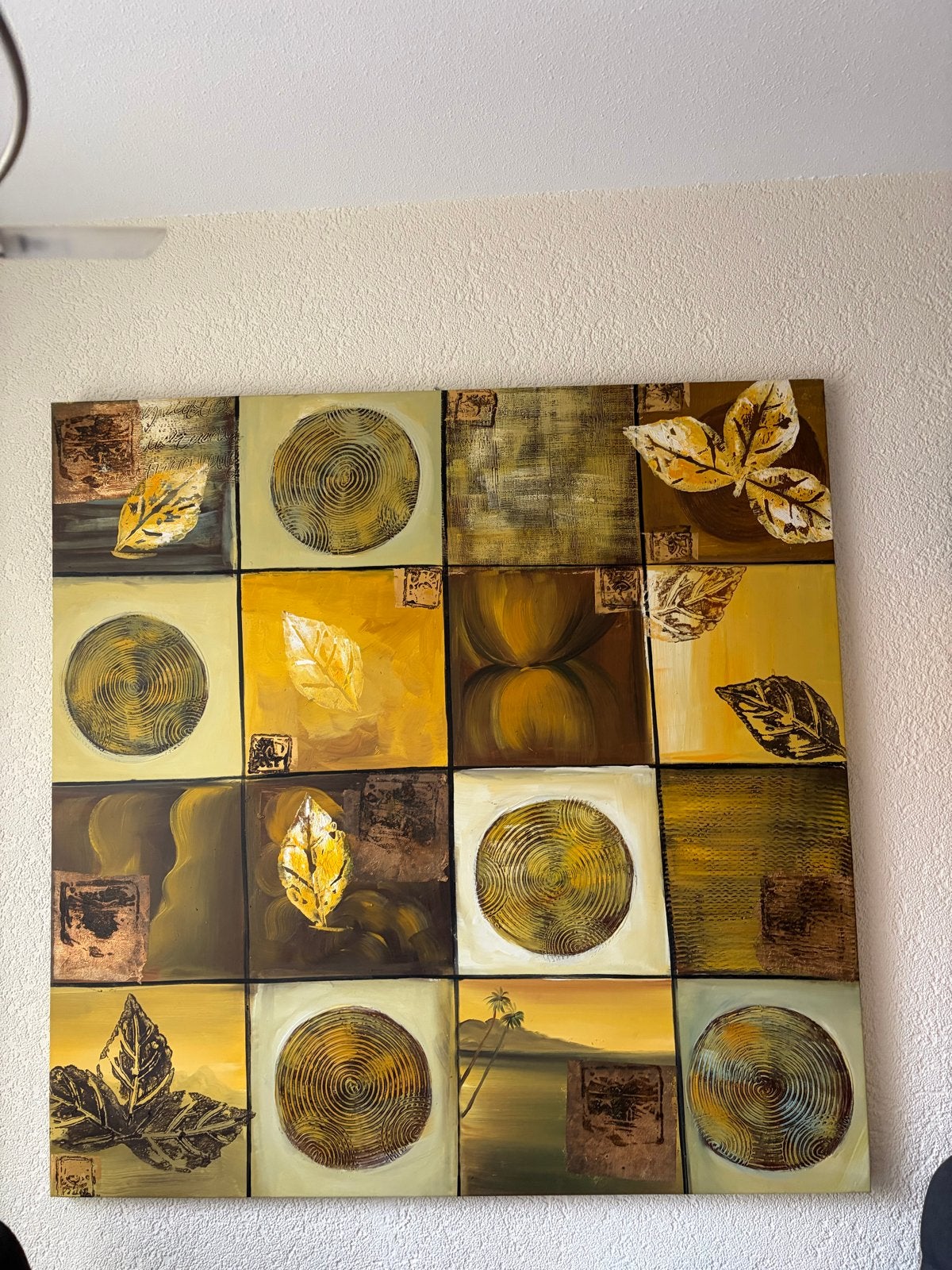 Modern schilderij met bladeren en abstracte patronen 1.20x1., Ophalen, Abstract, Handgeschilderd, Olieverf